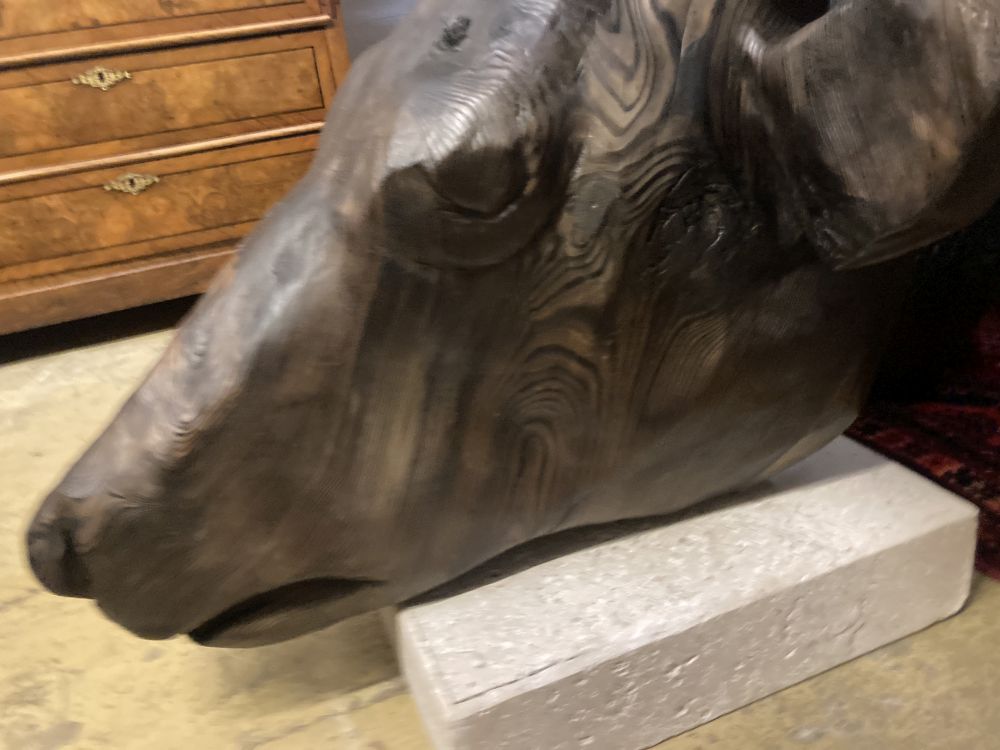 A large carved pine moose head sculpture, height 132cm